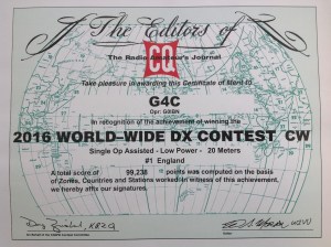 Essex CW Contest Certificate (G4C) - CQ WW CW 2016
